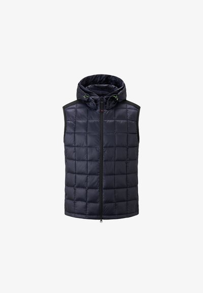 Marineblauer Daunenweste mit Kapuze, gestepptem Design, Vorderreißverschluss und verstellbaren Kordeln. Leichter Stoff mit elastischen Armausschnitten.