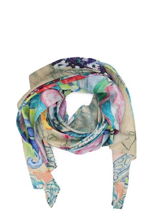 Foulard colorato e leggero con motivi floreali in tonalità di rosa, blu e verde, con una texture trasparente e un design fluido.