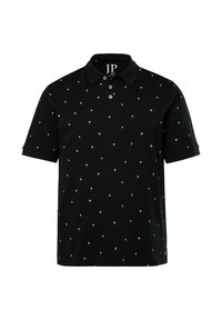 Černé polo tričko s krátkým rukávem, na kterém je malý bílý vzor palem, tři knoflíky a límeček.