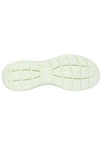 Translucente, hellgrüne Schuhsohle mit strukturiertem Rautenmuster, die rechteckige und kreisförmige Grip-Segmente für besseren Halt aufweist.