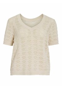 Maglione a maniche corte con scollo a V in beige chiaro, caratterizzato da un motivo a maglia aperta e testurizzato. Presenta un collo a costine e un orlo ondulato.