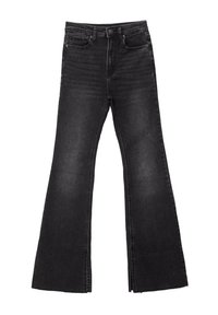 Zwarte spijkerbroek met een hoge taille en flared pijpen, voorzien van een knoopsluiting, vijf zakken en rafelige onderkanten voor een ontspannen pasvorm.