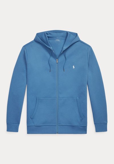 Sinine kapuutsiga lukuga dressipluus, nööridega, esiosal taskud ja väike valge Polo Ralph Laureni logo vasakul rinnal.