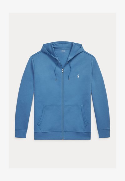 Sinine kapuutsiga lukuga dressipluus, nööridega, esiosal taskud ja väike valge Polo Ralph Laureni logo vasakul rinnal.