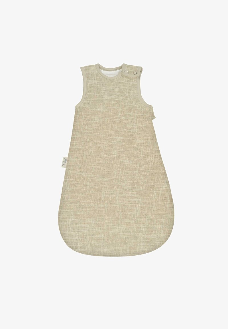 Hellbeige Schlafsack aus strukturiertem Stoff mit einem dezenten Muster, runder Form, ärmellos und mit Druckknopfverschluss an der Schulter.
