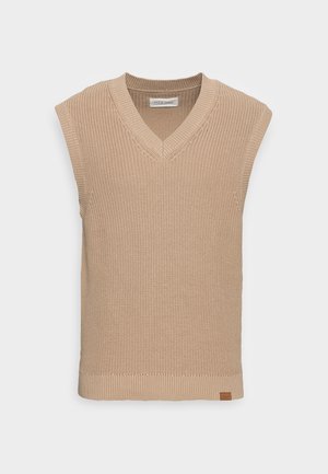 Gilet-pull sans manches beige en maille, avec col en V et bords côtelés, présenté à plat sur un fond clair.
