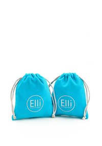 To turquoise snøreposer lavet af blødt stof, med et rundt logo hvor der står "Elli" i hvid tekst og sølvfarvede snore.