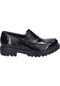 Czarne lakierowane loafersy z grubą podeszwą. Posiadają gładką powierzchnię, zaokrąglony czubek oraz kontrastowy gumowy bieżnik dla lepszej przyczepności.