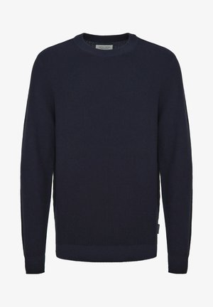 Navy blue knit sweater with a round neck, long sleeves, and textured pattern. Features ribbed cuffs and hem, made of soft fabric.