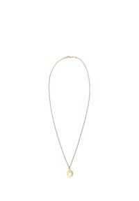 Halskæde i guld-tone med en tynd kæde og et rundt vedhæng med stjerneudskæringsdesign. Glat tekstur, minimalistisk design.