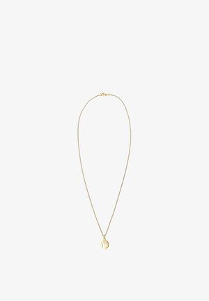 Halskette in Goldton mit dünner Kette und rundem Anhänger mit Sternausschnitt. Glatte Textur, minimalistisches Design.