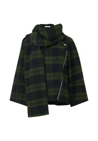 Geruite jas in donkergroen en zwart, met een brede kraag, lange mouwen en een ritszak aan de voorkant. Gemaakt van een wolmix.