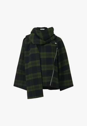 Karierte Jacke in Dunkelgrün und Schwarz, mit einem breiten Kragen, langen Ärmeln und einem Reißverschlusstaschen-Detail an der Vorderseite. Hergestellt aus einem Wollmischgewebe.