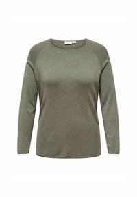 Pull à manches longues en vert olive, fabriqué en tissu tricot doux. Il présente un col rond et des manches raglan avec une texture lisse.