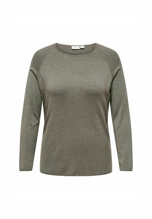 Long-sleeve sweater in olive green, made of soft knit fabric. Features a rounded neckline and raglan sleeves with a smooth texture.