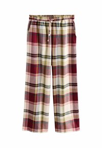 Ruudulliset lounge-housut punaisessa, kermassa ja vihreässä. Laaja lahjemuotoilu, joustava vyötärö ja naru. Siinä on sivutaskut.