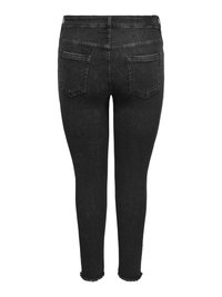 Jean noir slim fit avec deux poches arrière et ourlets effilochés, montré de dos sur fond blanc.