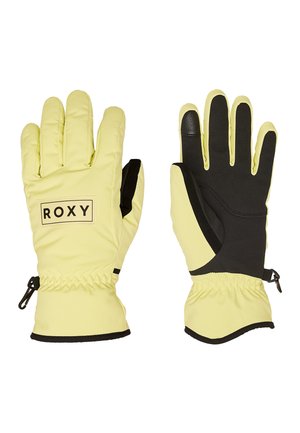 Par de guantes de invierno amarillos con palmas negras, muñecas elásticas y el logo "ROXY" en la parte trasera del guante izquierdo.