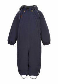 Marineblauer Winter-SchneOverall mit Kapuze, elastischen Bündchen und Fußschlaufen. Hergestellt aus wasserdichtem Material mit glatter Textur und minimaler Ausstattung.