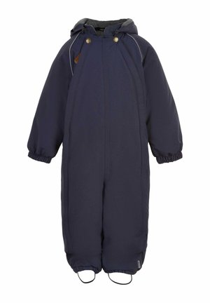 Marineblauer Winter-SchneOverall mit Kapuze, elastischen Bündchen und Fußschlaufen. Hergestellt aus wasserdichtem Material mit glatter Textur und minimaler Ausstattung.