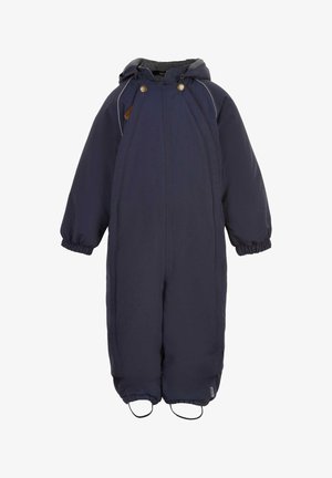 Mørkeblå vinter-sne suit med hætte, elastiske manchetter og fodremme. Lavet af vandtæt materiale med en glat tekstur og minimal detaljering.