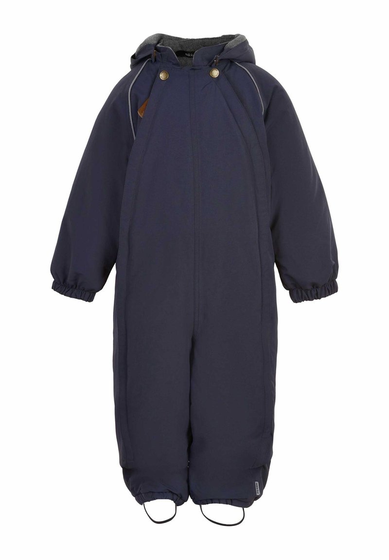 Marineblauer Winter-SchneOverall mit Kapuze, elastischen Bündchen und Fußschlaufen. Hergestellt aus wasserdichtem Material mit glatter Textur und minimaler Ausstattung.