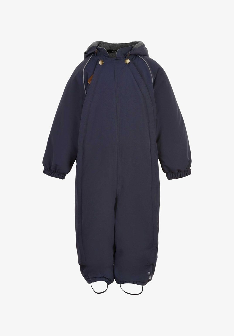 Navy blue winter snowsuit with a hood, elasticized cuffs, and foot straps. Made from waterproof material with a smooth texture and minimal detailing.