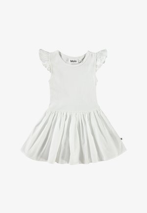 White dress featuring short ruffle sleeves, a fitted bodice, and a flared, pleated skirt. Made from lightweight fabric for comfort.