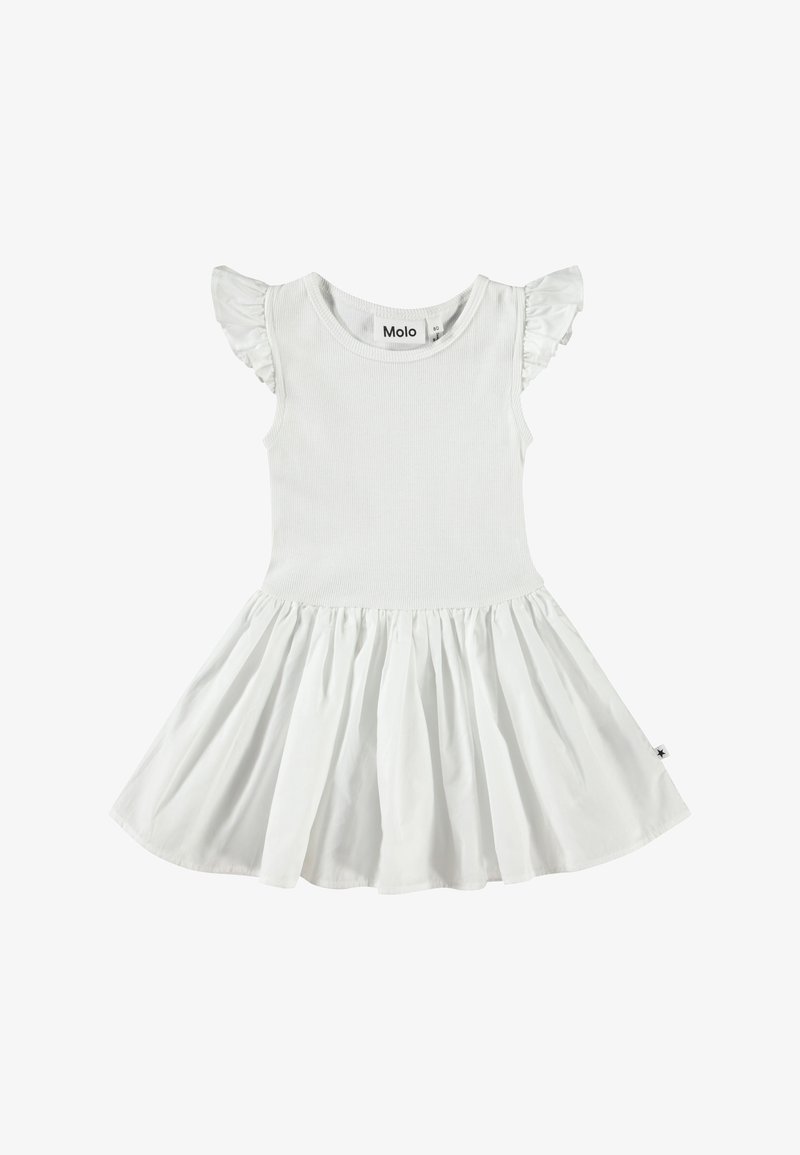 Biele šaty s krátkymi riasenými rukávmi, priliehavým korzetom a rozšírenou, plisovanou sukňou. Vyrobené z ľahkého materiálu pre maximálne pohodlie.