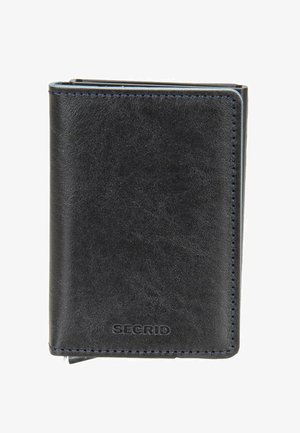 Schwarzes Leder-Secrid-Portemonnaie mit genähten Kanten, geprägt dem Markennamen und kompakter Faltgestaltung vor weißem Hintergrund.