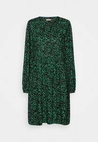 Vestido verde estampado con mangas largas, cuello redondo y cintura fruncida. Presenta un estampado abstracto en negro sobre un fondo verde vibrante.