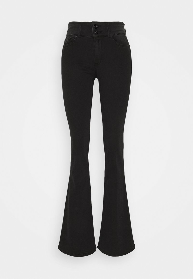 Pantalon flare noir taille haute avec deux boutons sur le devant et des poches, présenté sur un fond blanc uni.