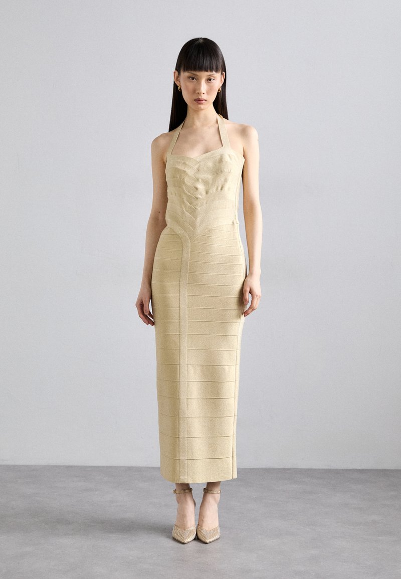 herve leger beige dress Herve Leger 1990's Pearly Beige Bandage Dress THE WAY WE WORE