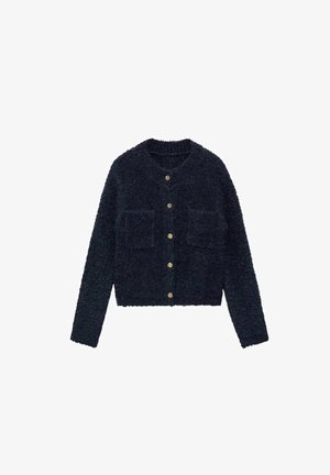 Navy blue, textured cardigan with a round neck, front button closure, and two chest pockets. Features subtle golden accents on buttons.