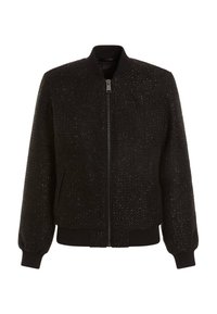 Chaqueta bomber negra con un tejido de punto texturizado, que presenta un cierre frontal, puños acanalados y dobladillo. Detalle sutil de purpurina en toda la tela.