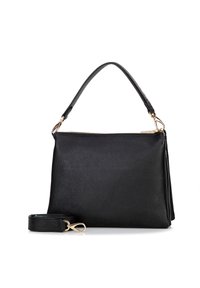 Borsa a tracolla in pelle nera con superficie testurizzata, manico superiore e tracolla removibile. Presenta dettagli in oro e chiusura con zip.