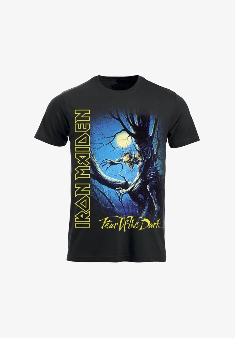 Černé bavlněné tričko s grafikou hrozivého útvaru na stromě, na modrém pozadí, s žlutým textem "Iron Maiden" a názvem.