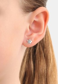 Silverblomformade örhängen med strukturerad yta, som har fem kronblad och en central detalj. Bärs på örsnibben.