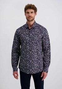 Heren overhemd met knopen in marineblauwe stof, met een multikleurig floral patroon, lange mouwen en een klassiek kraagontwerp.