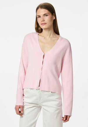 Ljusrosa cardigan med V-ringning, långa ärmar och knappstängning. Tillverkad av mjukt tyg med en avslappnad passform, med en kortad nederkant.