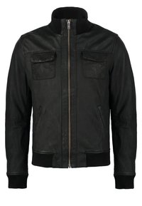 Giacca di pelle nera con zip frontale, due tasche a patta sul petto, tasche laterali, colletto a coste, polsini e vita a coste.