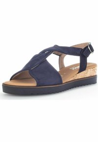 Marineblaue Wildledersandale mit Kreuzriemen-Design, offener Zehenpartie und Kork-Blockabsatz. Verfügt über einen verstellbaren Knöchelriemen und eine strukturierte Sohle.