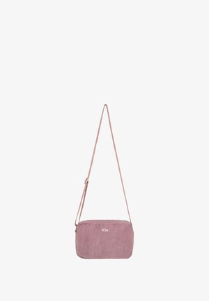 Sac bandoulière en velours côtelé rose de forme rectangulaire, avec fermeture éclair et sangle ajustable. Il présente un logo blanc sur le devant.