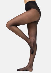 Tights negros transparentes con una cintura alta, textura suave y acabado semitranslúcido, que ofrecen un ajuste uniforme y sin patrones o herrajes visibles.