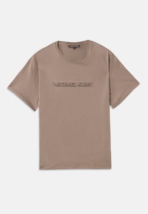 Pruun puuvilla T-särk ümara kaelusega. Ees on baseeruv "MICHAEL KORS" logo. Lühikesed varrukad ja sirge lõike disain.