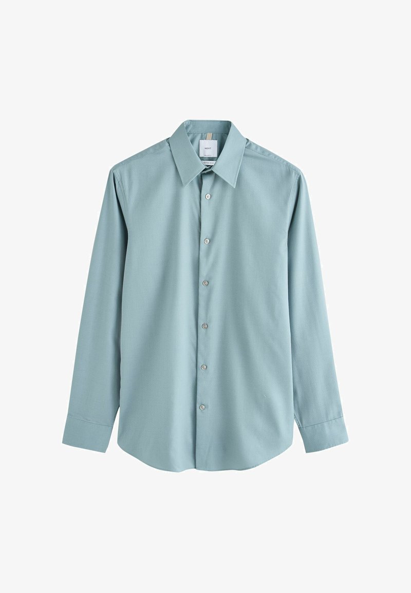 Chemise homme à manches longues bleu clair avec col pointu et poignets boutonnés, présentée à plat sur fond blanc.