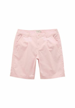 Light pink knee-length shorts with front button and zipper, side pockets, and belt loops, laid flat against a white background.