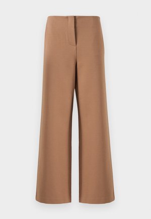 Pantaloni larghi marroni realizzati in tessuto morbido e liscio, con zip sul retro e linee pulite e diritte. Senza tasche o cuciture visibili.