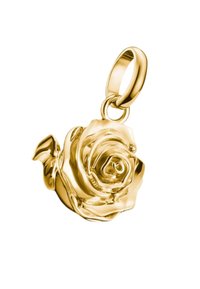 Ciondolo d'oro a forma di rosa, con dettagliate forme dei petali e un anello per il fissaggio. Texture liscia e lucida con una finitura lucidata.