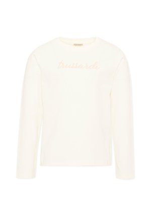 T-shirt blanc à manches longues avec col rond et texte logo "trussardi" rose pâle sur la poitrine.